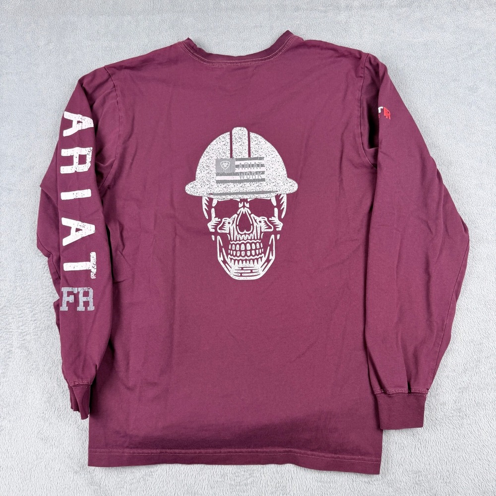 Ariat Work FR Skull Hard Hat Graphic Long Sleeve Shirt Burgundy Mens Medium